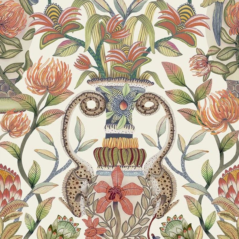 Sample 119/10045 Protea Garden Silk Olvgrn and Tngrn/Wht Animal/Insects Cole and Son Wallpaper