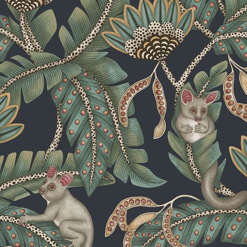 Sample 119/7034 Bush Baby Teal and Ochre/Ink Animal/Insects Cole and Son Wallpaper