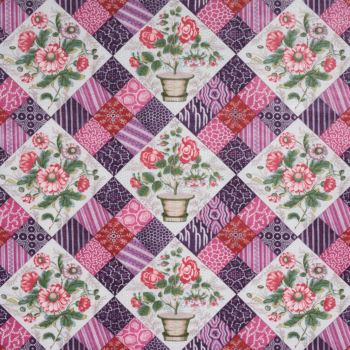 Select 180121 Caldwell Patchwork Chintz Fuschia And Plum by Schumacher Fabric