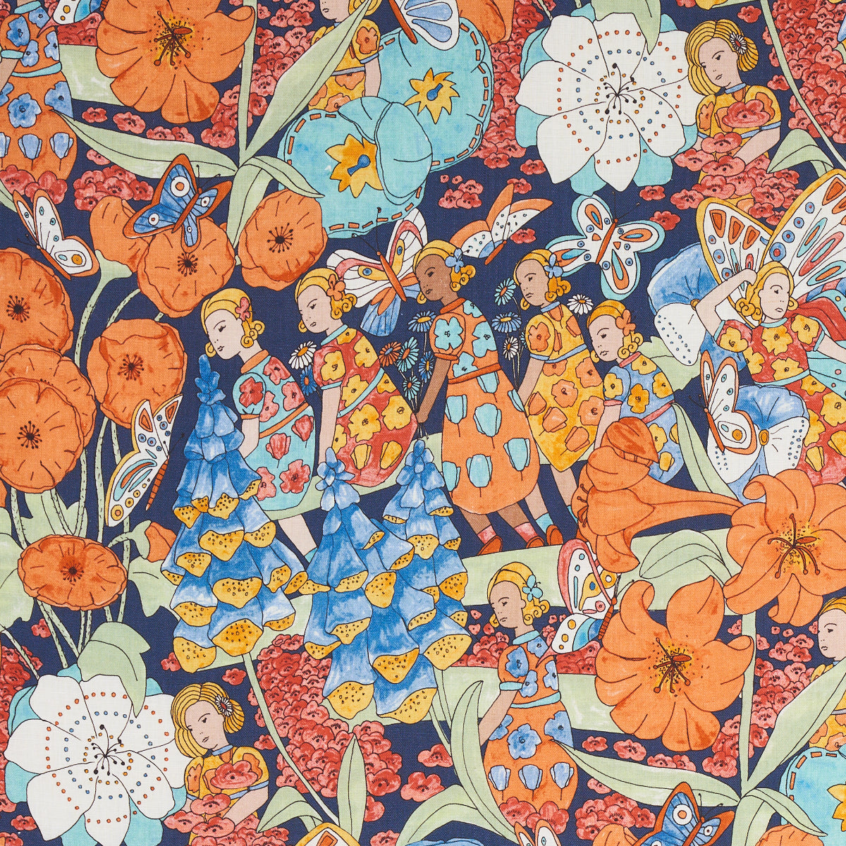 Order 180141 Fairie Garden Orange And Navy by Schumacher Fabric