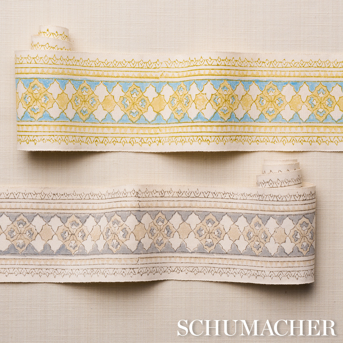 Purchase 181371 | Amira Hand Block Printed Tape, Sand & Grey - Schumacher Trim