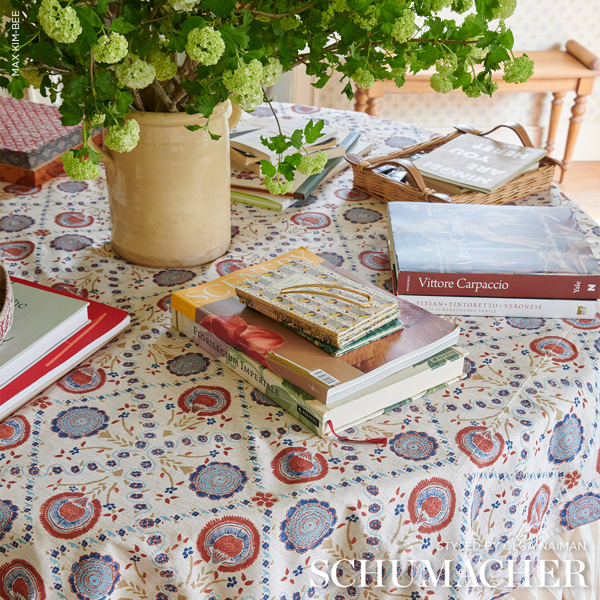 Purchase 183050 | Athena Hand-Screen Print, Red & Blue - Schumacher Fabric