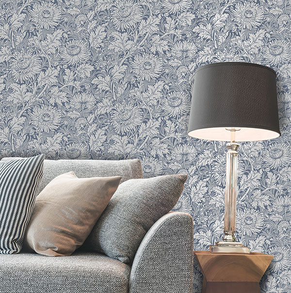 Purchase 2900-42532 Brewster Wallpaper, Zinnia Blue Floral - Medley12