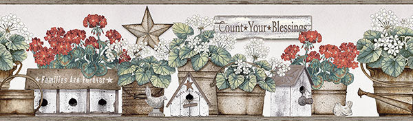 Purchase 3119-13581B Kindred, Geranium Multicolor Flower Pot Border by Chesapeake Wallpaper