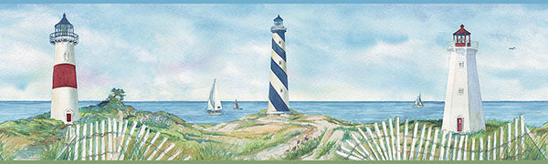 Purchase 3120-46071B Sanibel, Eugene Blue Lighthouse Border by Chesapeake Wallpaper