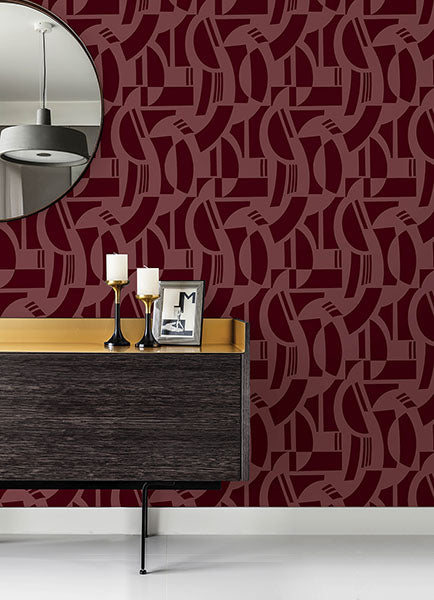 Purchase 4034-87380 A-Street Wallpaper, Carter Burgundy Geometric Flock - Scott Living III12