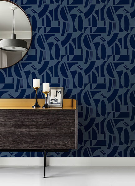 Purchase 4034-87381 A-Street Wallpaper, Carter Indigo Geometric Flock - Scott Living III12