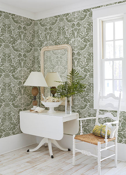 Purchase 4122-27005 A-Street Wallpaper, Nestle Green Bird Block Print - Terrace12