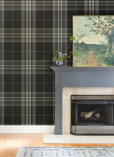 Purchase 4147-27388 A-Street Wallpaper, Westley Black Plaid - Haberdashery12