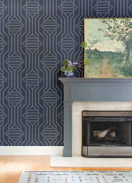 Purchase 4147-27402 A-Street Wallpaper, Essex Navy Geometric - Haberdashery12
