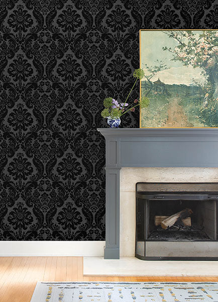 Purchase 4147-87391 A-Street Wallpaper, Shadow Black Flocked Damask - Haberdashery12