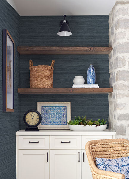 Purchase 4157-25959 Advantage Wallpaper, Barnaby Indigo Faux Grasscloth - Curio1