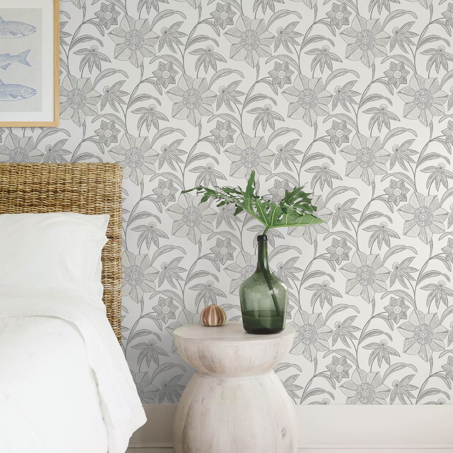 Purchase 4172-27514 A-Street Wallpaper, Star Flower Charcoal Floral Trail - Sea Salt12