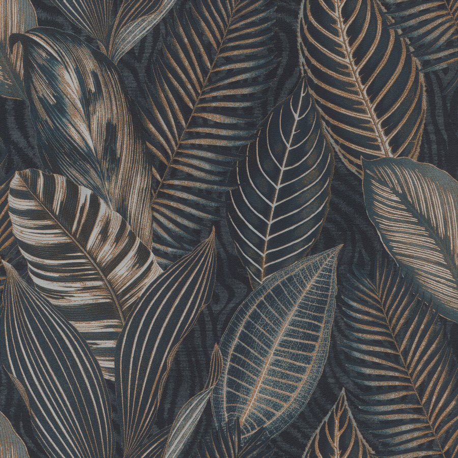 Sample - 4202-751840 A-Street Wallpaper, Acacius Dark Blue Tropical Foliage Springhill