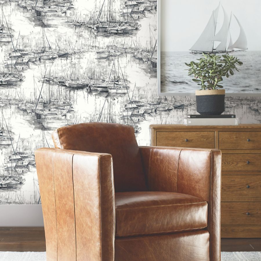 Purchase 4211-83513 | Private Reserve, Yacht Club Charcoal Scenic - Ronald Redding Wallpaper