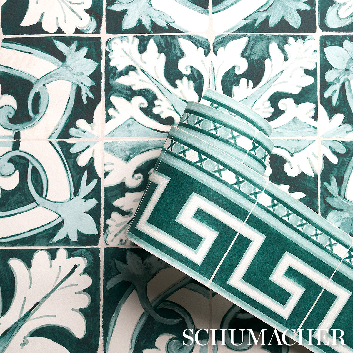 Purchase 5015131 | Azulejos Border, Emerald - Schumacher Wallpaper