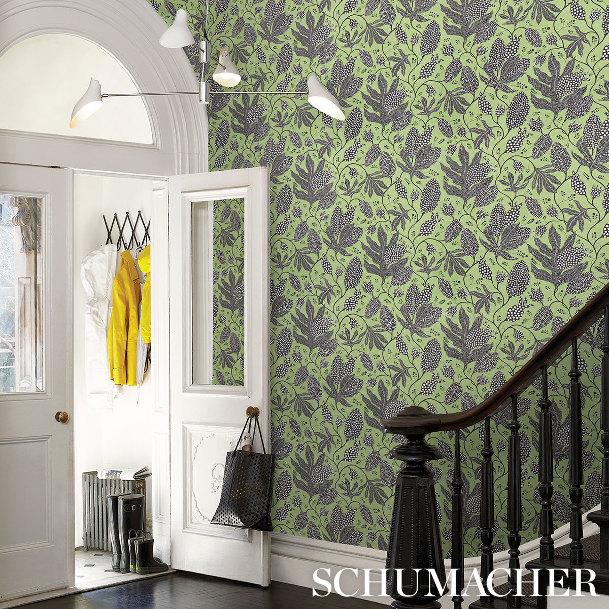 Purchase 5015460 | Polka Dot Jungle, Black & Green - Schumacher Wallpaper
