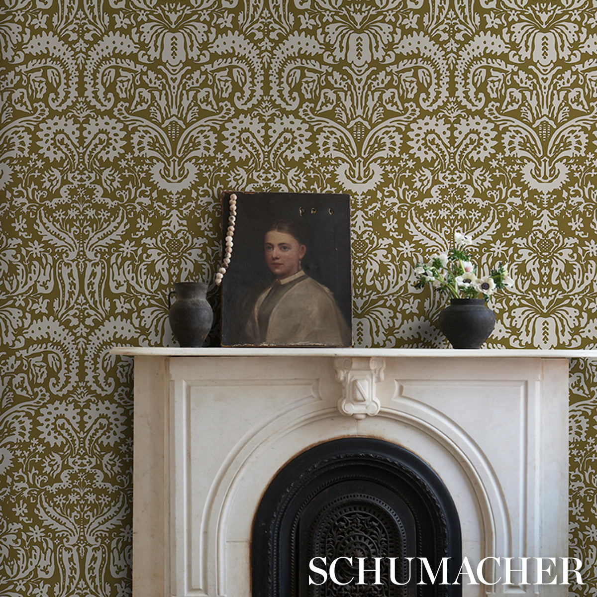 Purchase 5016242 | Suffolk Damask, Olive - Schumacher Wallpaper