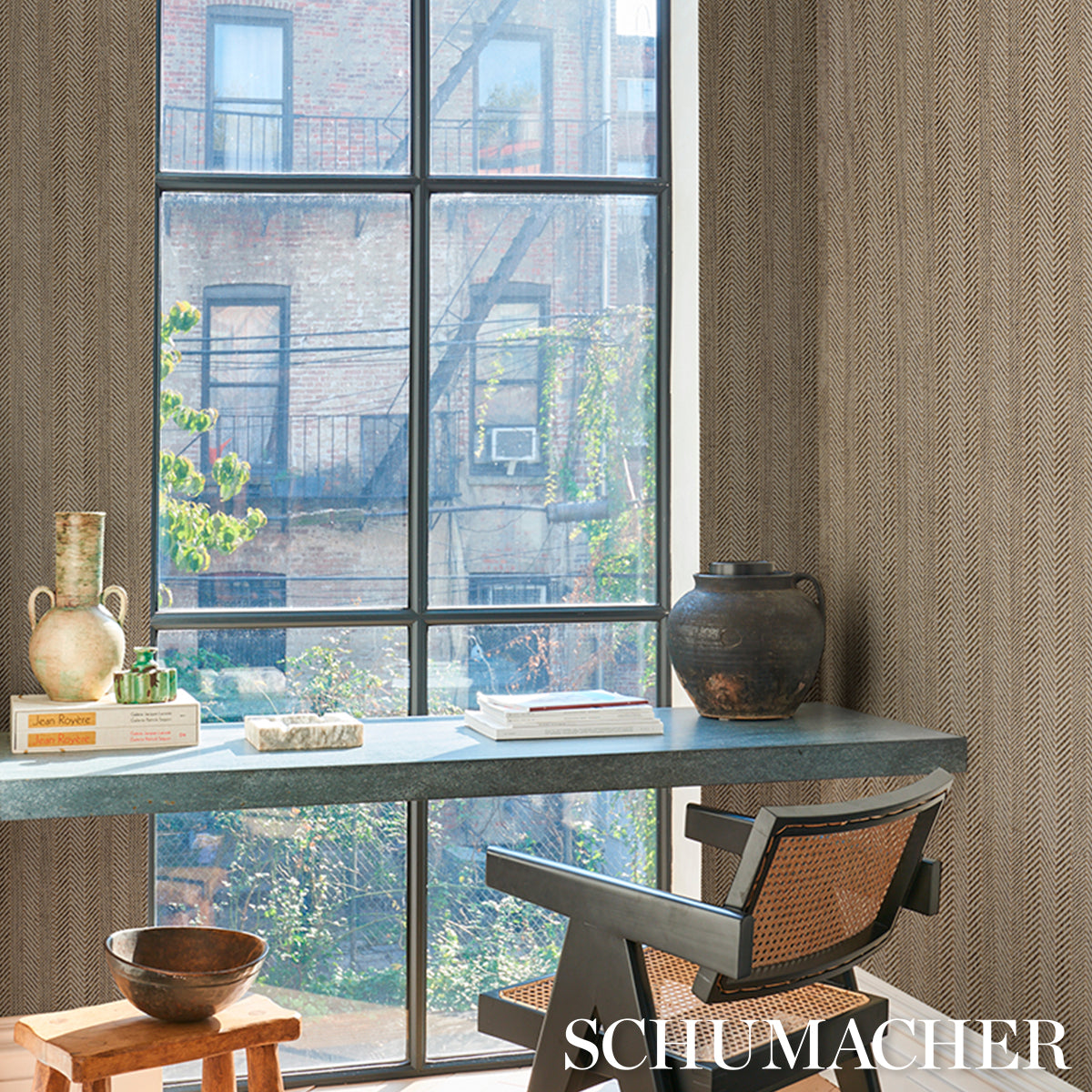 Purchase 5016601 | Zig Zag Paperweave, Flax - Schumacher Wallpaper