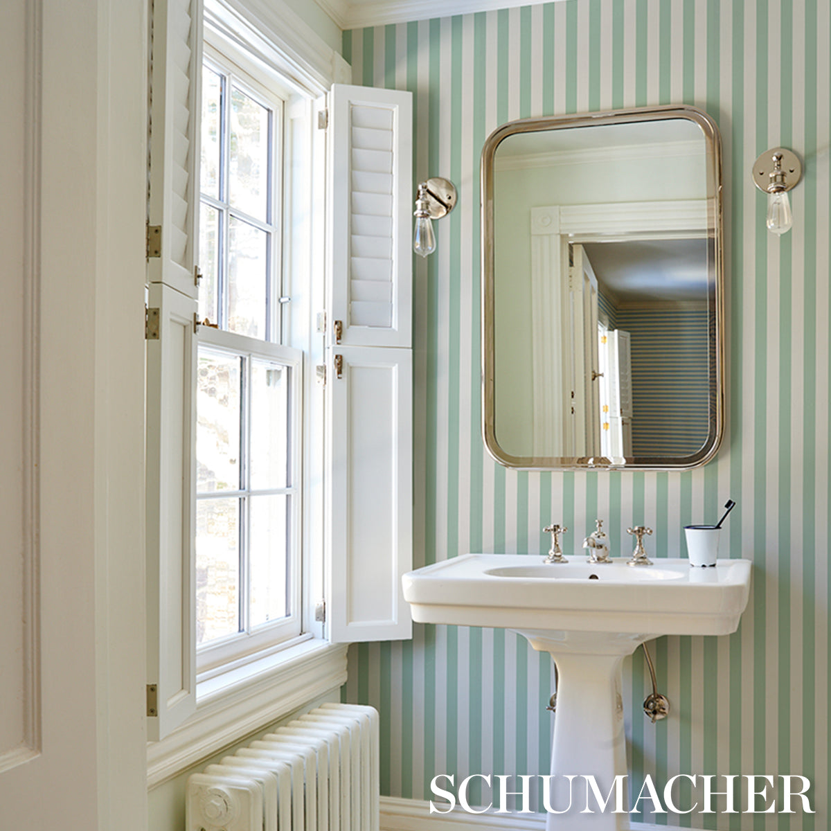 Purchase 5017212 | Emma Stripe, Seaglass - Schumacher Wallpaper