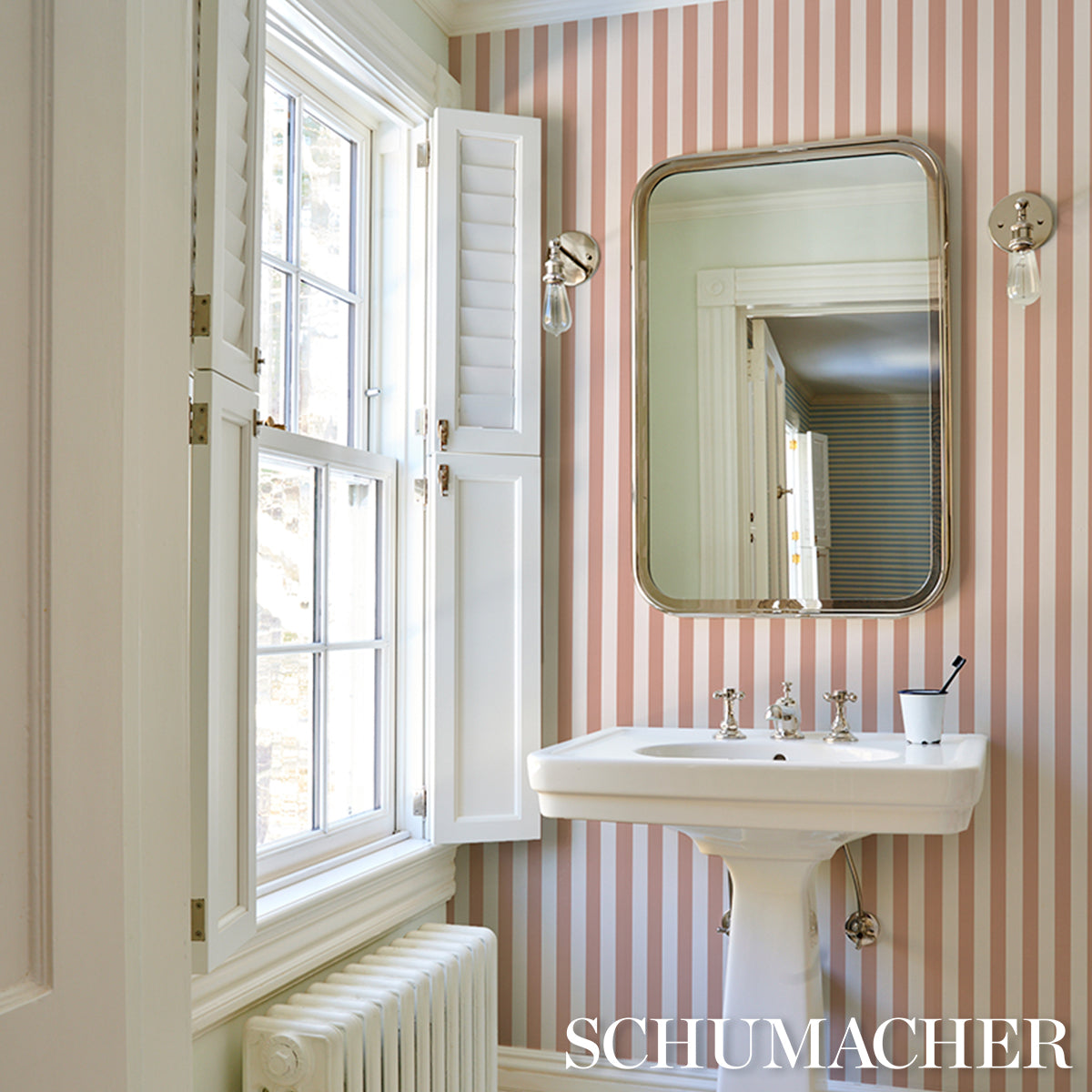 Purchase 5017220 | Emma Stripe, Coral - Schumacher Wallpaper