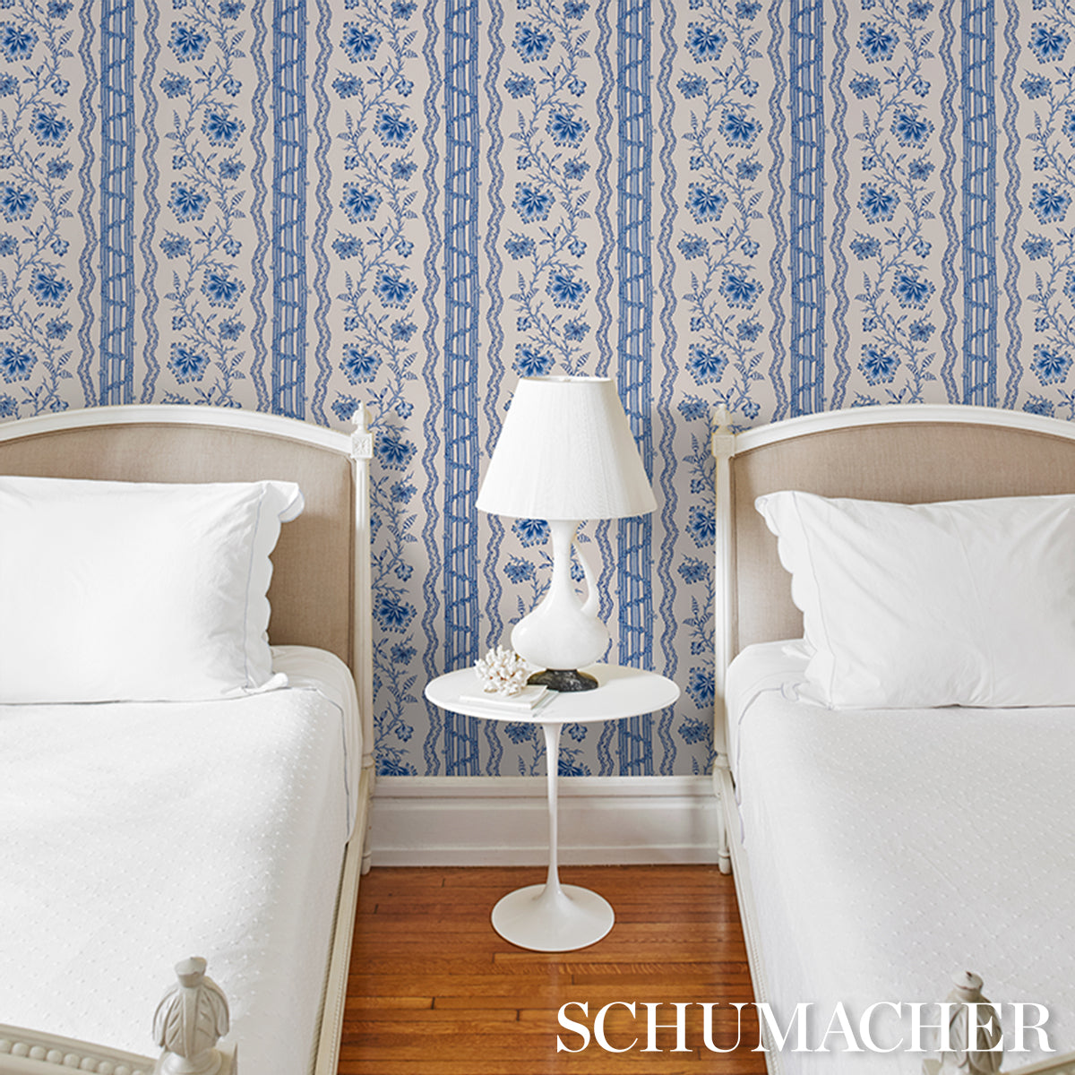 Purchase 5017332 | Parvati Floral Stripe, Delft - Schumacher Wallpaper