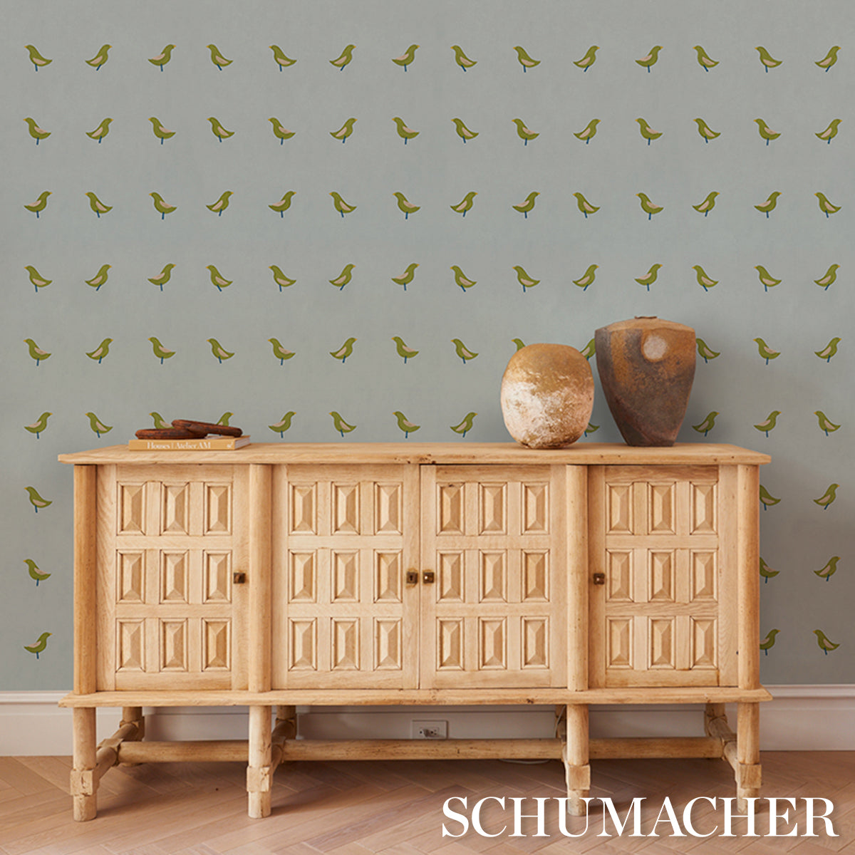 Purchase 5017891 | Birds Print, Green On Sky - Schumacher Wallpaper