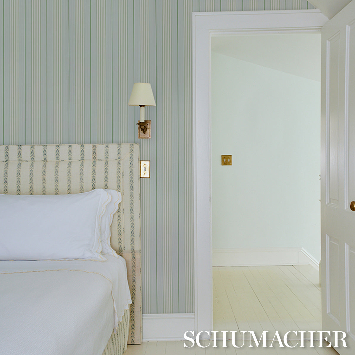 Purchase 5018180 | Audrey Stripe, Sky & Leaf - Schumacher Wallpaper