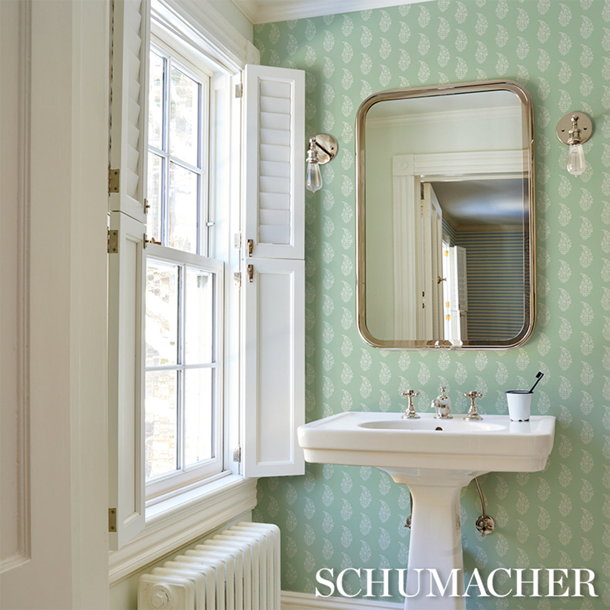 Purchase 5018491 | Kaia Paisley, Celadon - Schumacher Wallpaper