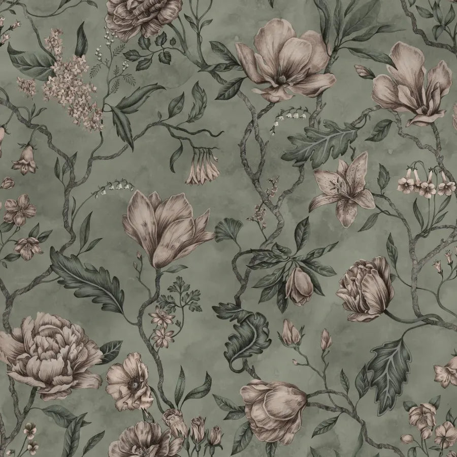 Sandberg Wallpaper Item 663-38 pattern name & color Belinda, Garden Green from the collection Kolonin.