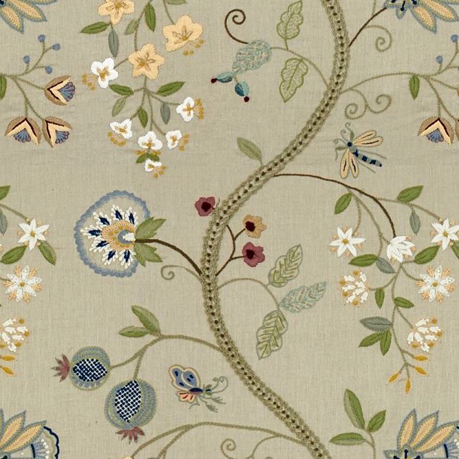 Sample 8015120-1135 Claudia Aqua/Gray Botanical Brunschwig and Fils Fabric