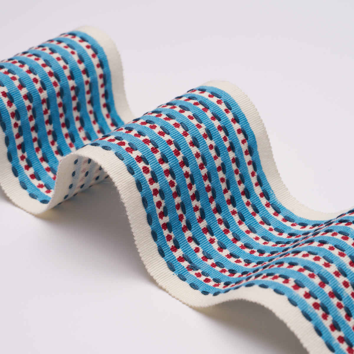 Purchase 85421 | Stripe & Dot Hand Block Trim, Blue - Schumacher Trim