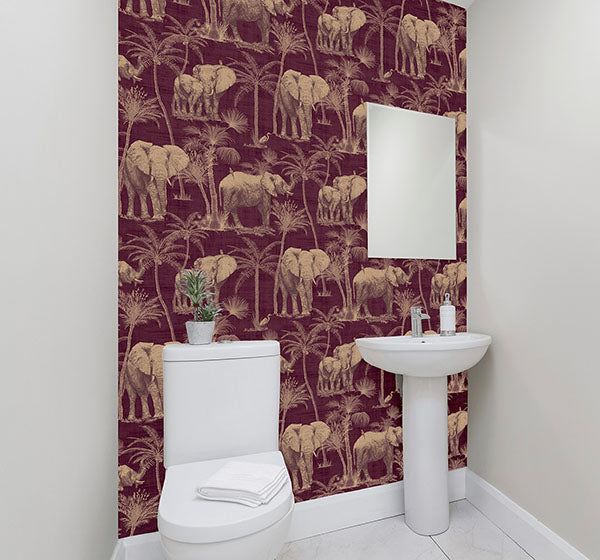 Purchase AH610701 Brewster Wallpaper, Adelia Maroon Elephant Grove - Arthouse12