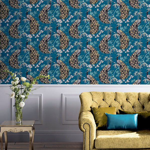 Purchase AH692505 Brewster Wallpaper, Takara Teal Opulent Peacock - Arthouse12