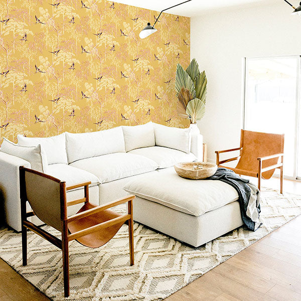 Purchase AH908002 Brewster Wallpaper, Asuka Yellow Sparrow Forest - Arthouse12
