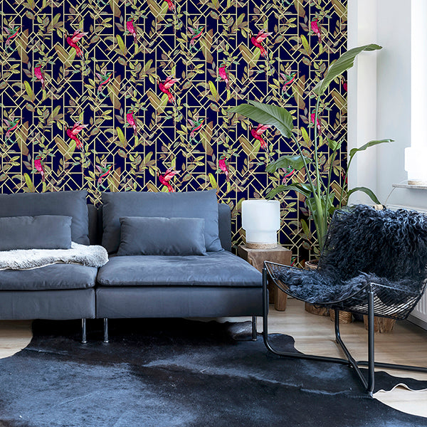Purchase AH908003 Brewster Wallpaper, Thelma Navy Tropical Deco - Arthouse12