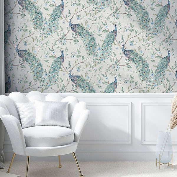 Purchase AH923708 Brewster Wallpaper, Keeka Blue Peacocks - Arthouse12