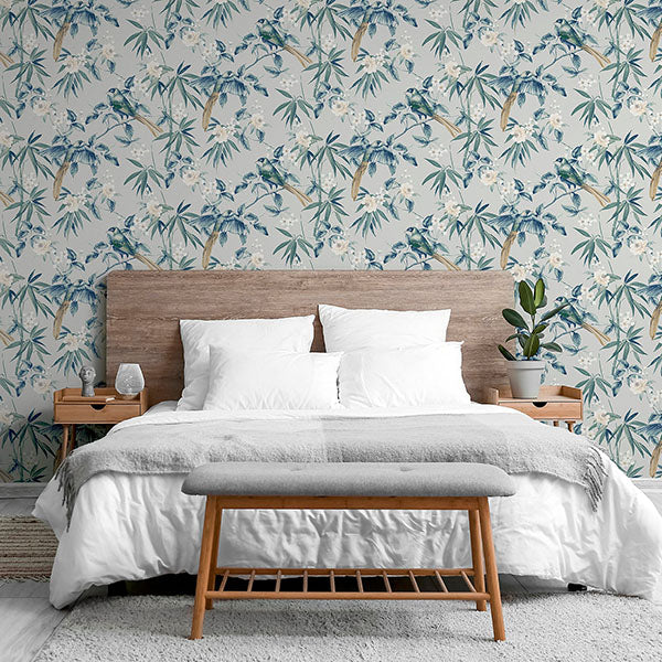 Purchase AH924500 Brewster Wallpaper, Suzume Teal Birds and Blooms - Arthouse12