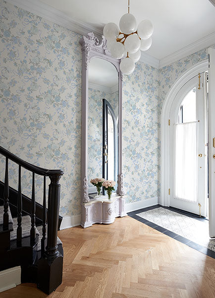 Purchase AST4654 A-Street Wallpaper, Cabbage Rose Bow Dusty River Blue Ribbons & Roses - LoveShackFancy12