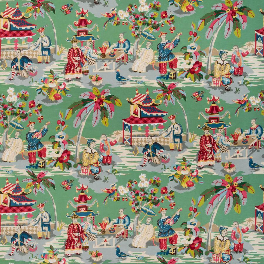 Sample BR-79601-133 Xian Linen and Cotton Print Jade Modern Chinoiserie Brunschwig and Fils Fabric