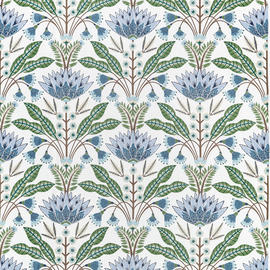 View Thibaut Fabric Product F914612 pattern name Lotus color name Blue and Green.