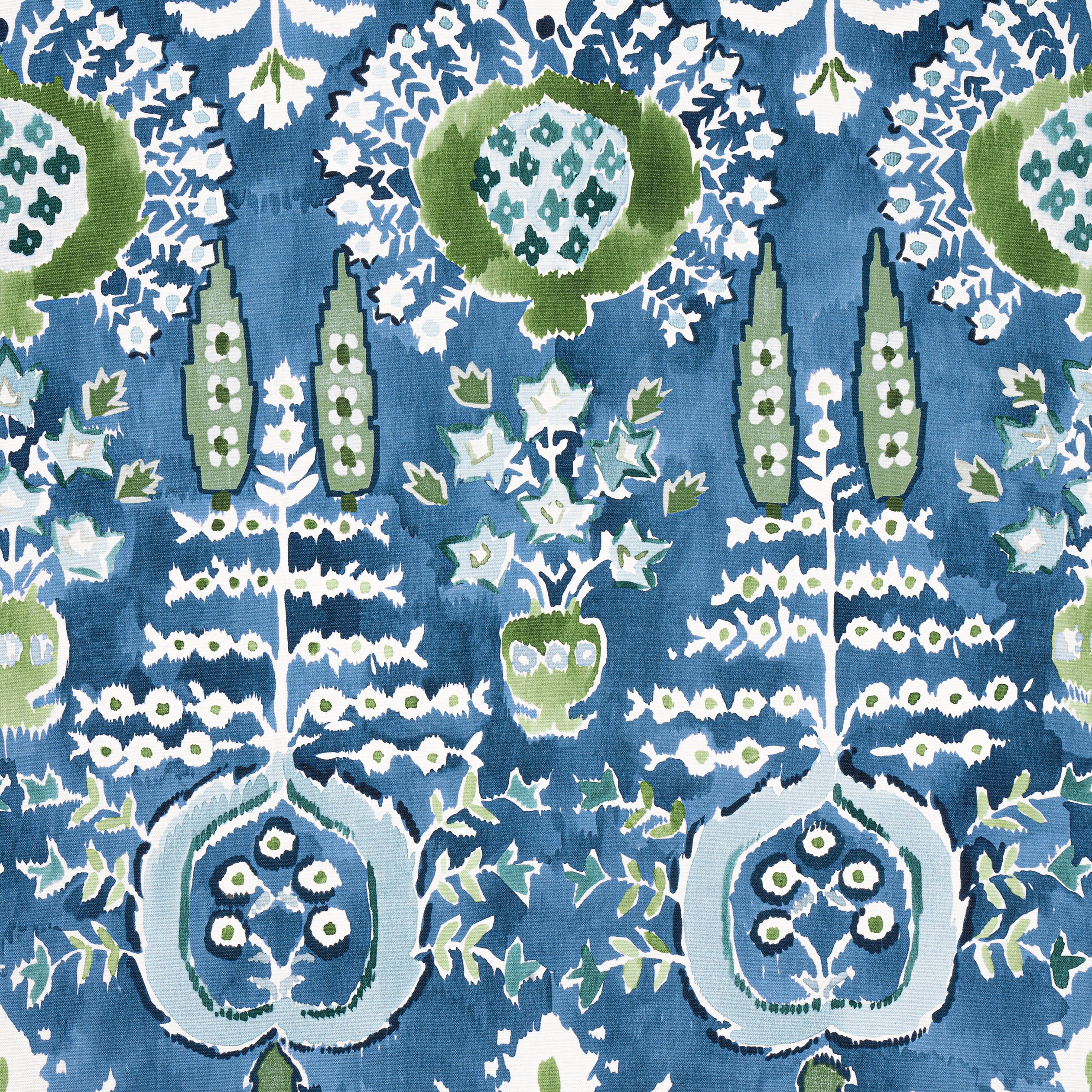 F916241 | Mendoza Suzani, Blue and Green on Navy - Thibaut Fabric