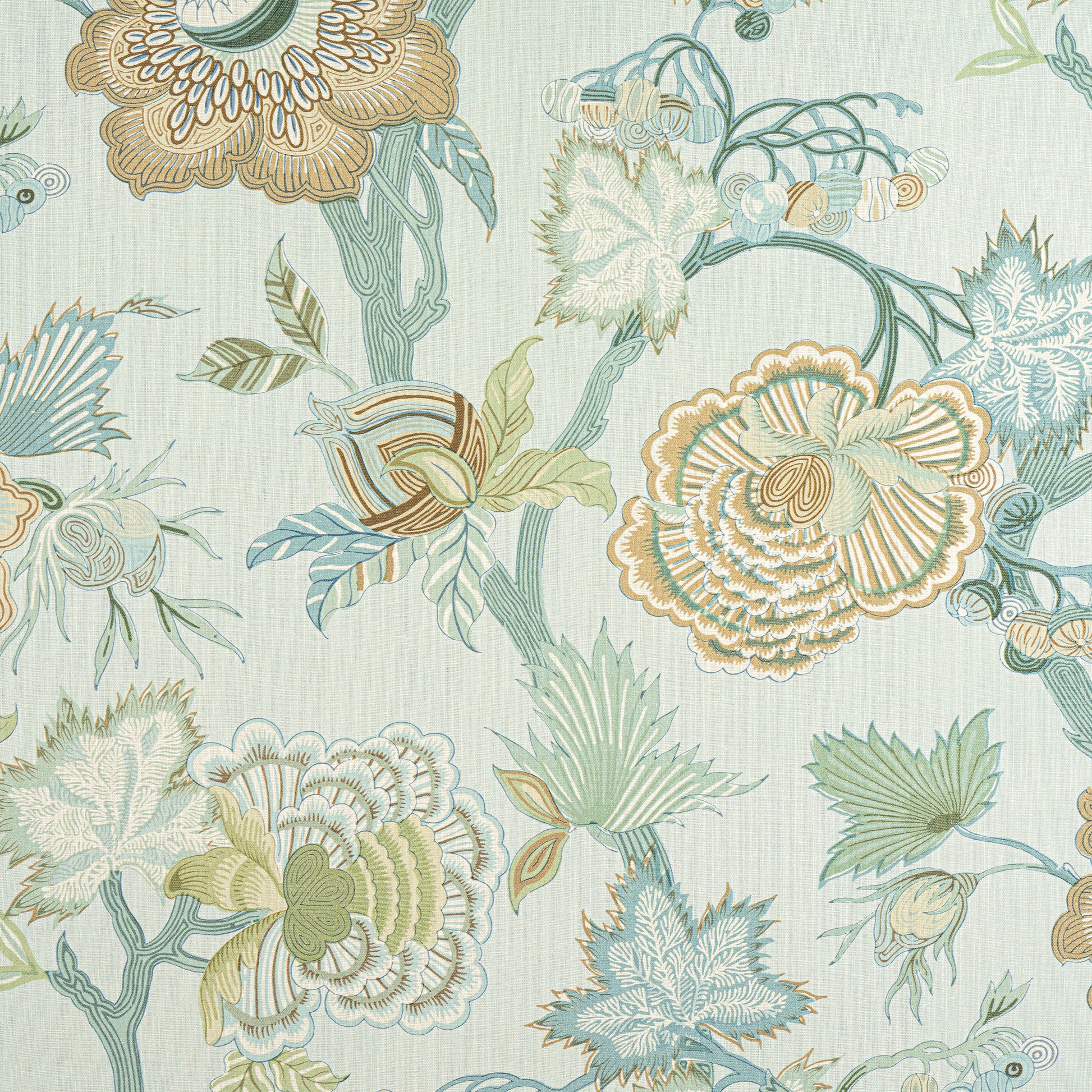 Purchase Thibaut Fabric Item# F936417 pattern name Indienne Jacobean color Seaglass and Gold