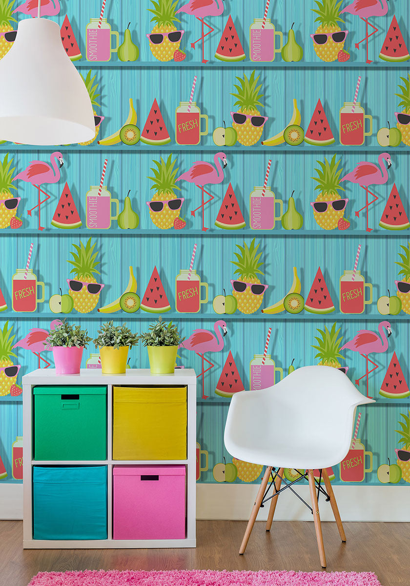 Purchase FD42210 Brewster Wallpaper, Kids Teal Tropical Shelves - Medley12