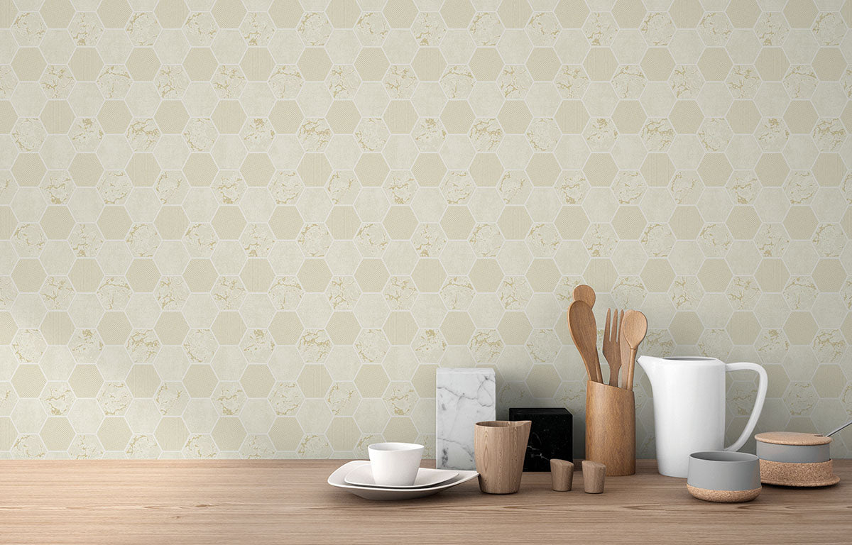 Purchase FD42413 Brewster Wallpaper, Ceramica Cream Hexagon Tile - Medley1