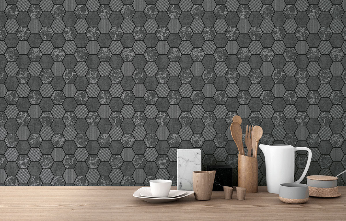 Purchase FD42414 Brewster Wallpaper, Ceramica Black Hexagon Tile - Medley1