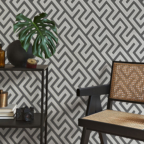 Purchase FD43069 Brewster Wallpaper, Meander Charcoal Geo - Medley12