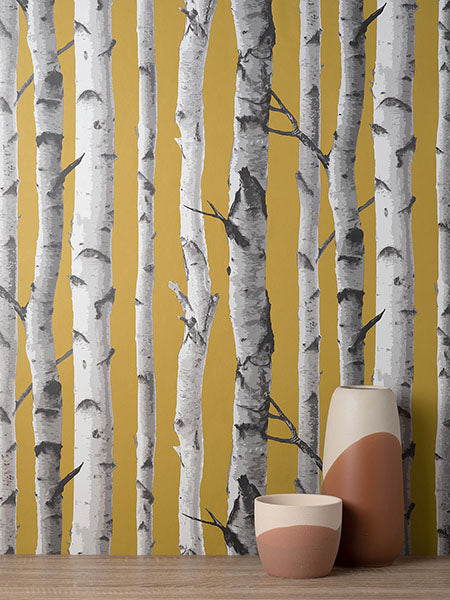 Purchase FD43290 Brewster Wallpaper, Chester Mustard Birch Trees - Medley1