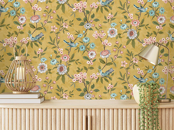 Purchase FD43446 Brewster Wallpaper, Elspeth Mustard Floral Trail - Medley12