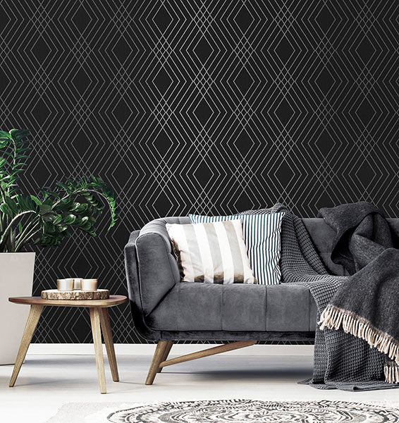 Purchase FD43614 Brewster Wallpaper, Shard Black Trellis - Medley12